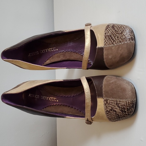 Jessica Bennett Gold Brown Patchwork Heels Front Accent Button Strap, 9M - Picture 2 of 6